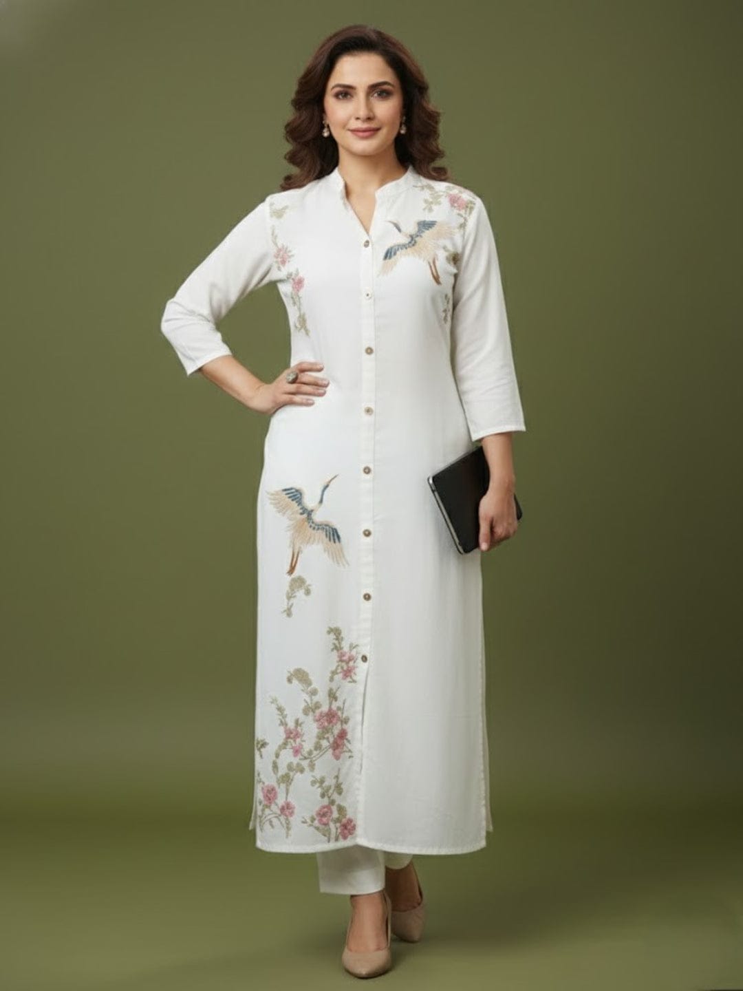 Front Button Straight Embroidered Flex Kurta Set