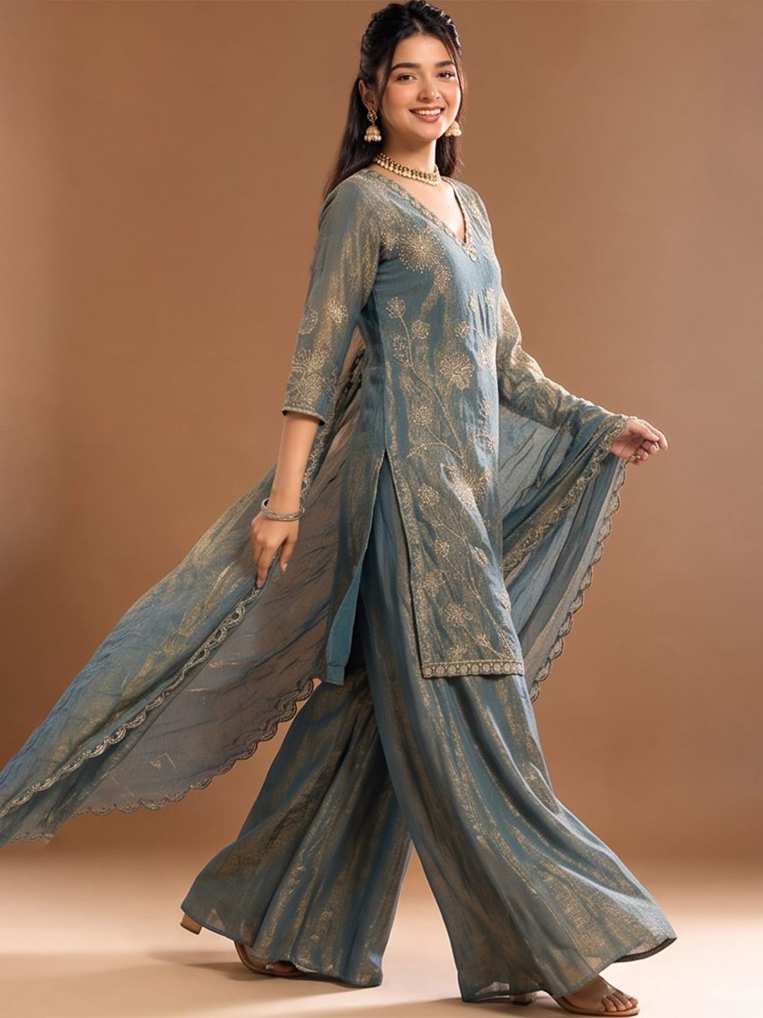Embroidered Shimmer Kurta Set With Dupatta