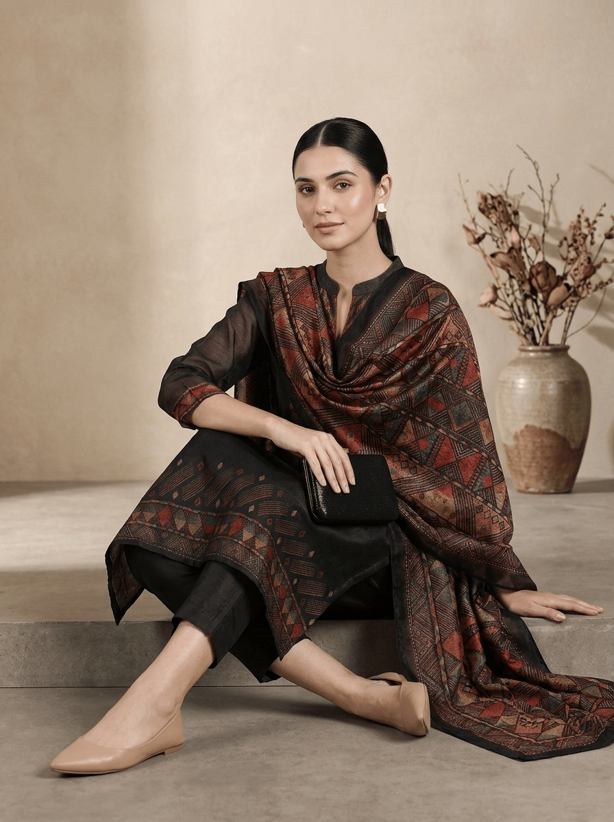 The Kurti Collection Women Black Printed Straight Kurta Paired With Solid Bottom And Printed Dupatta