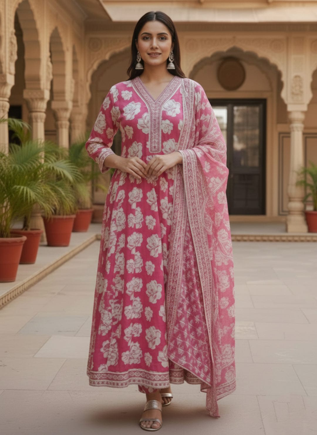 Blooming Fuchsia Hand-Block Print Cotton Anarkali Set