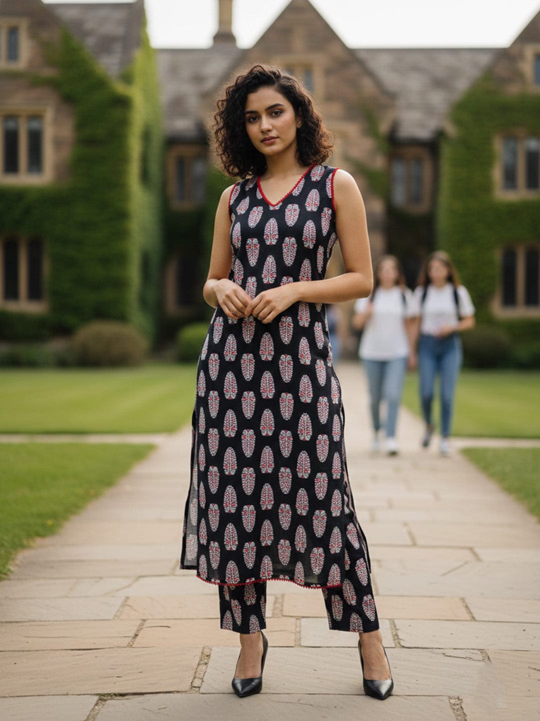 Black Sleeveless Kurta Set with Printed Trousers & Chiffon Dupatta