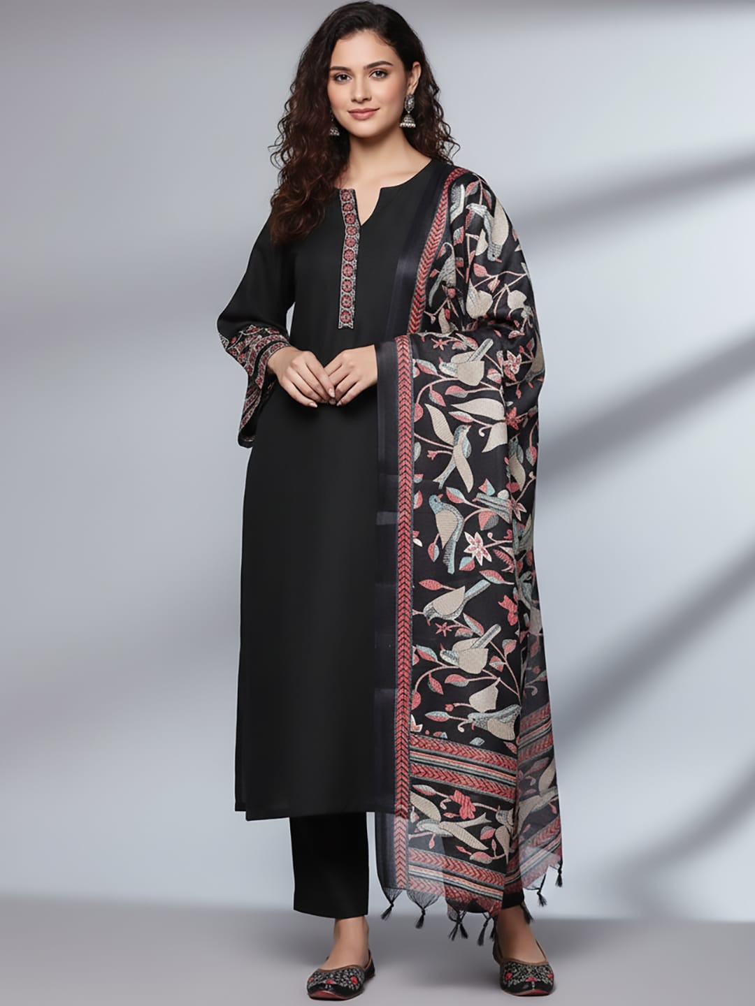 The Kurti Collection Women Black Embroidered Kurta Paired With Tonal Bottom And Printed Bhaghalpuri Dupatta