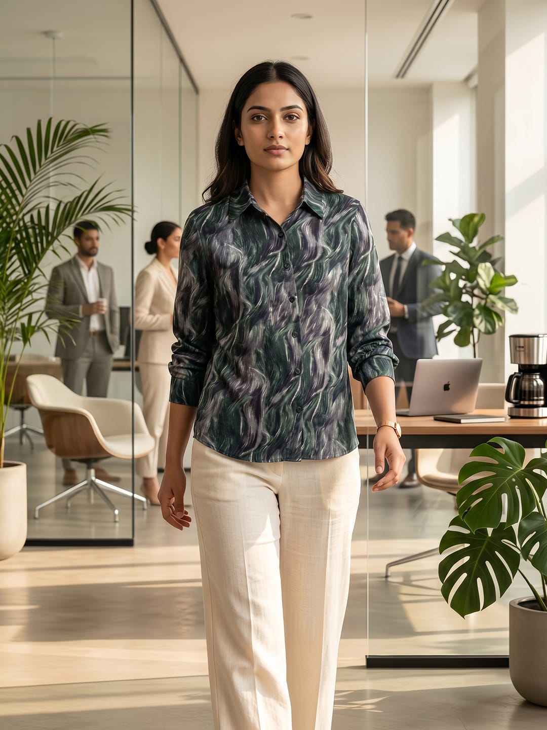 Green Coloured Slim Collar Long Sleeves Abstract Shirt