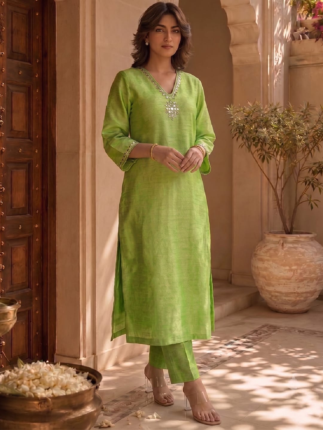 Women's Metallic Lime Green Straight-Fit Kurta Set With Mirror Accents