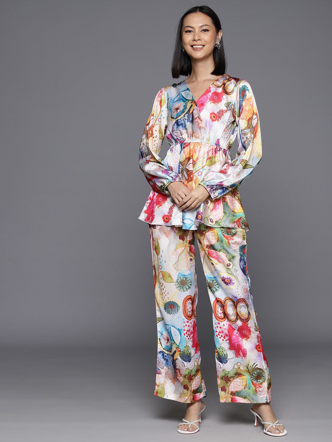 KSUT Women Multi Colour Abstract Printed Top Paired With Tonal Printed Bottom