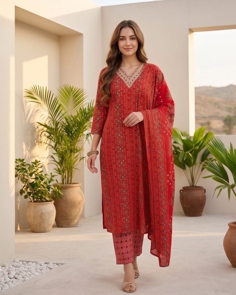The Kurti Collection Women Red Printed V-Neck Embroidered Kurta With Bottom And Dupatta