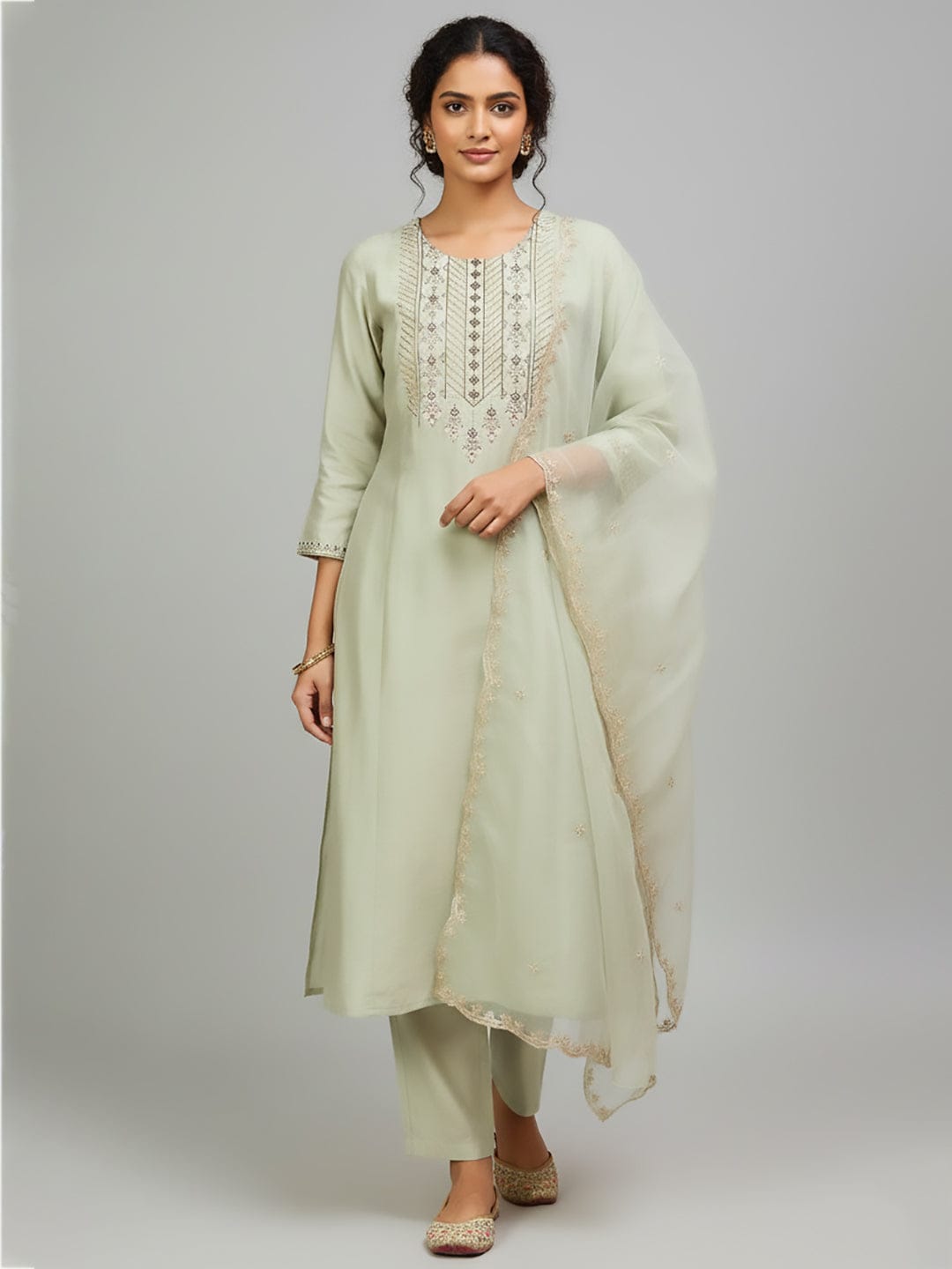 The Kurti Collection Women-Thread & Sequin Embroidered Yoke Kurta With Trouser & Scallop Dupatta