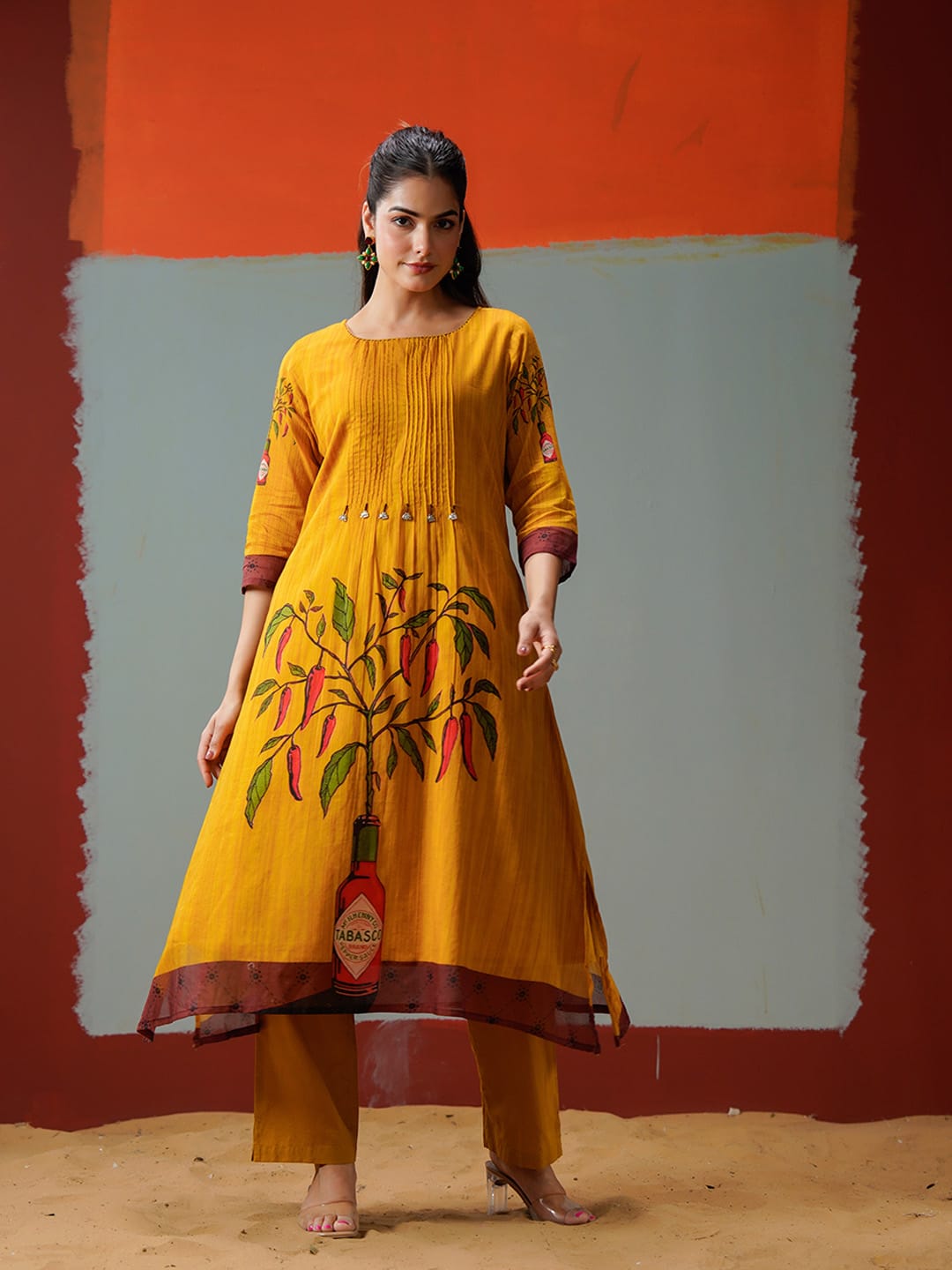 Mustard Yellow Floral Kurta with Trousers