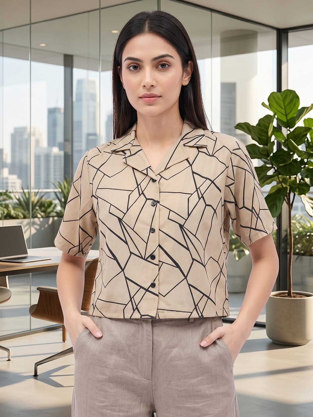 Beige Coloured Short Sleeves Shirt Collar Top