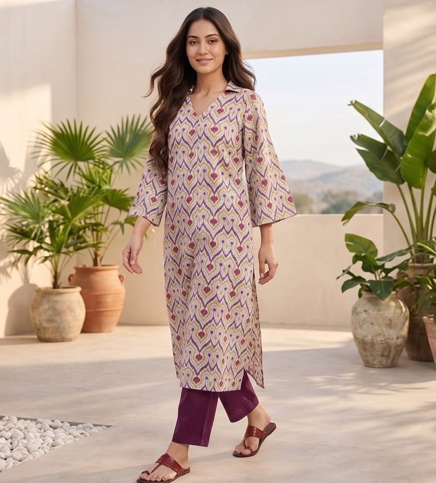 The Kurti Collection Women Off White Ikat Printed Shirt Collar Straight Kurta Paired With Violet Solid Bottom