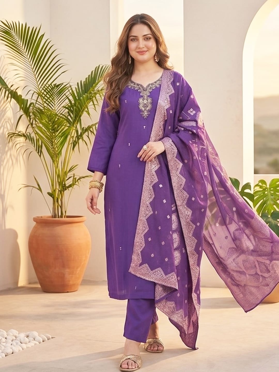 Kurta Set with solid ankle-length trousers, and a brocade dupatta