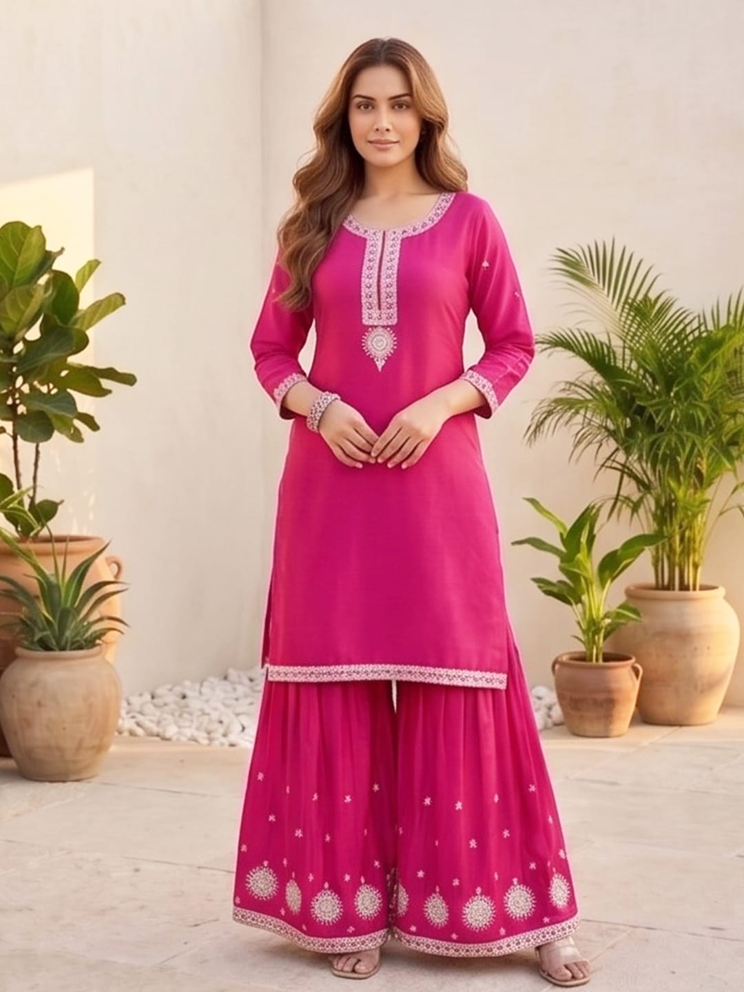 The Kurti Collection Women Zari Embroidered Yoke Kurta With Sharara And Dupatta