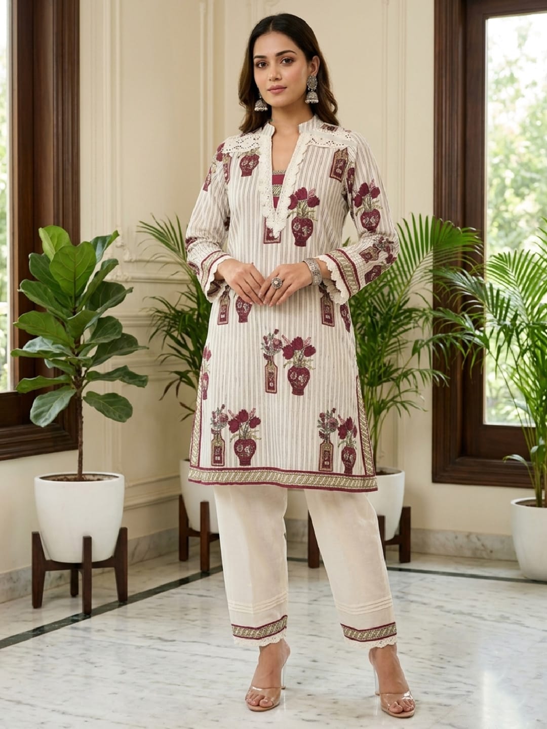 Womens Traditional Stripe & Scallop Kurta Set