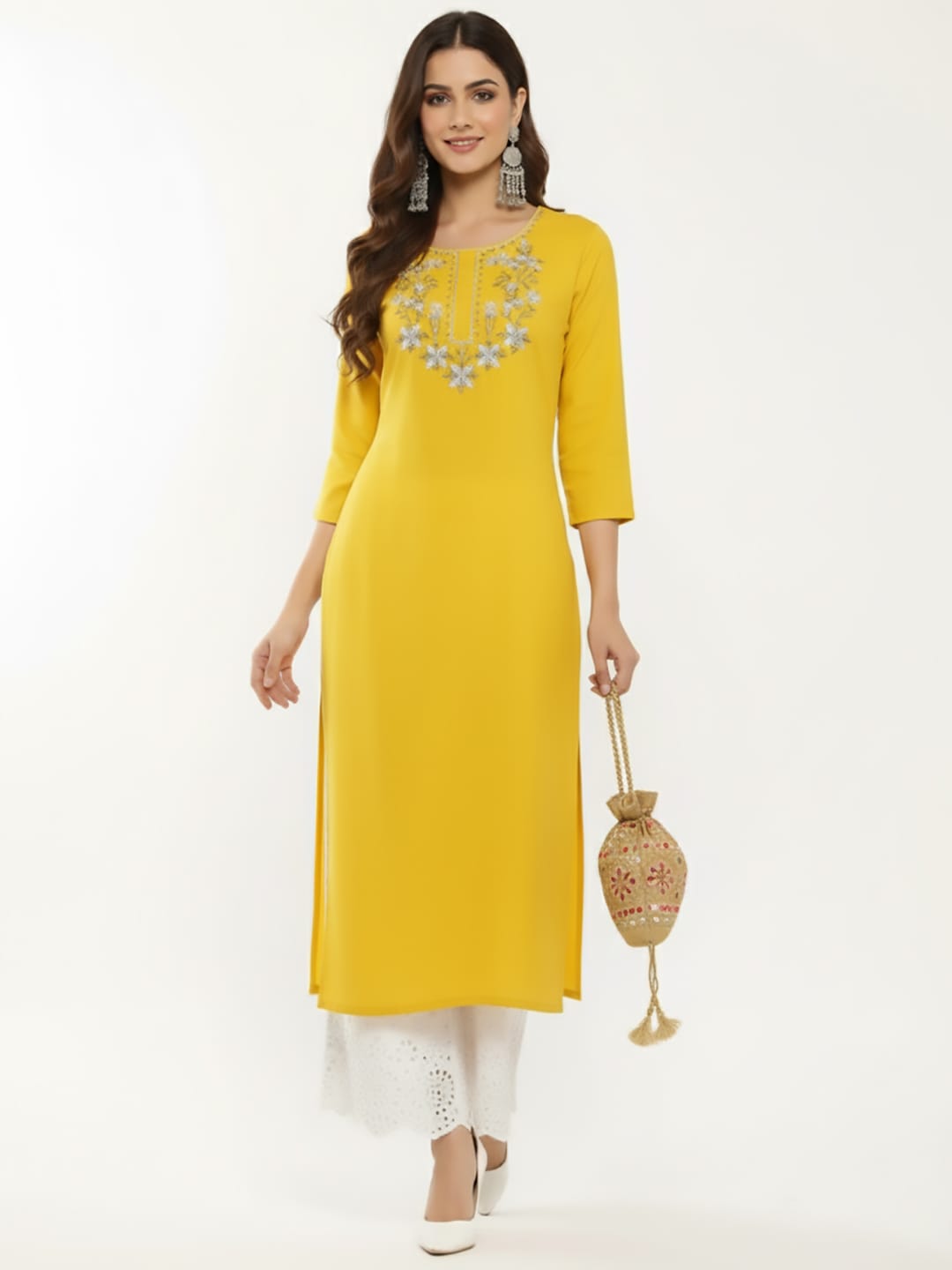 The Kurti Collection Women Mustard Yellow Floral Yoke Embroidered Straight Kurta