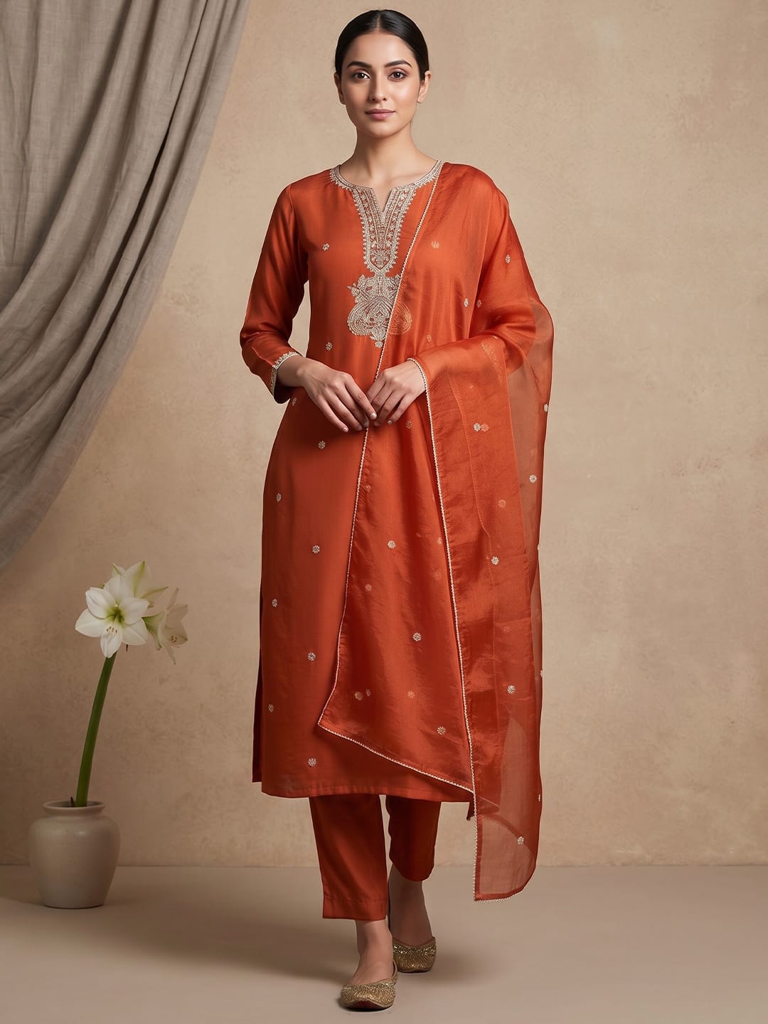 Kurta Set With Intricate Zari Embroidery And Ankle-Length Trousers And An Embroidered Dupatta