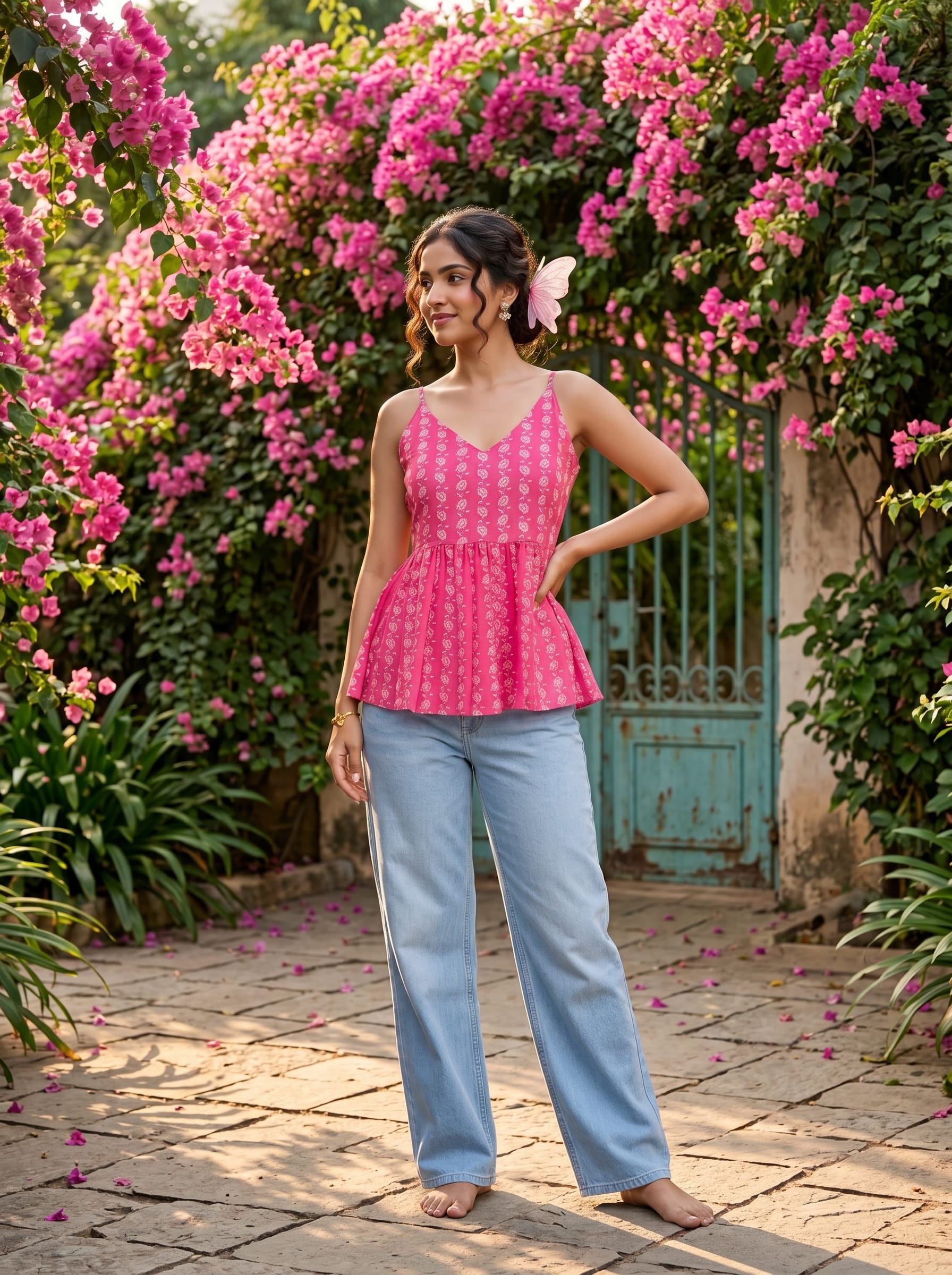 The Kurti Collection Women's Fuchsia Pink Floral Block-Print Peplum Top