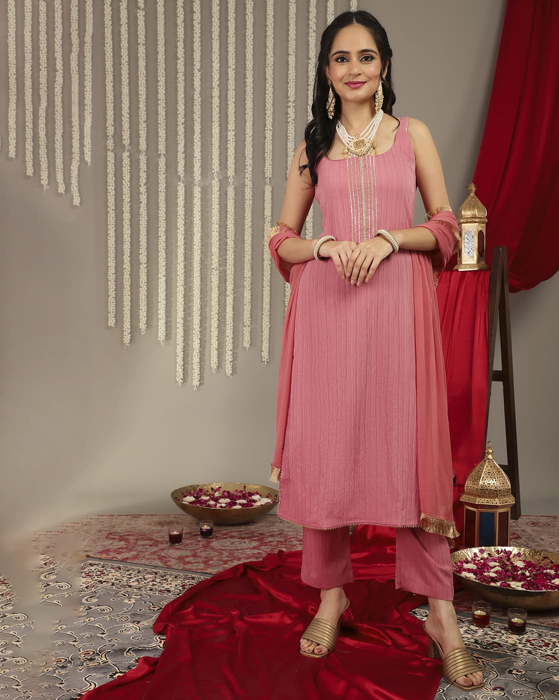 The Kurti Collection women Mauve Straight Kurta With Tonal Bottom & Dupatta