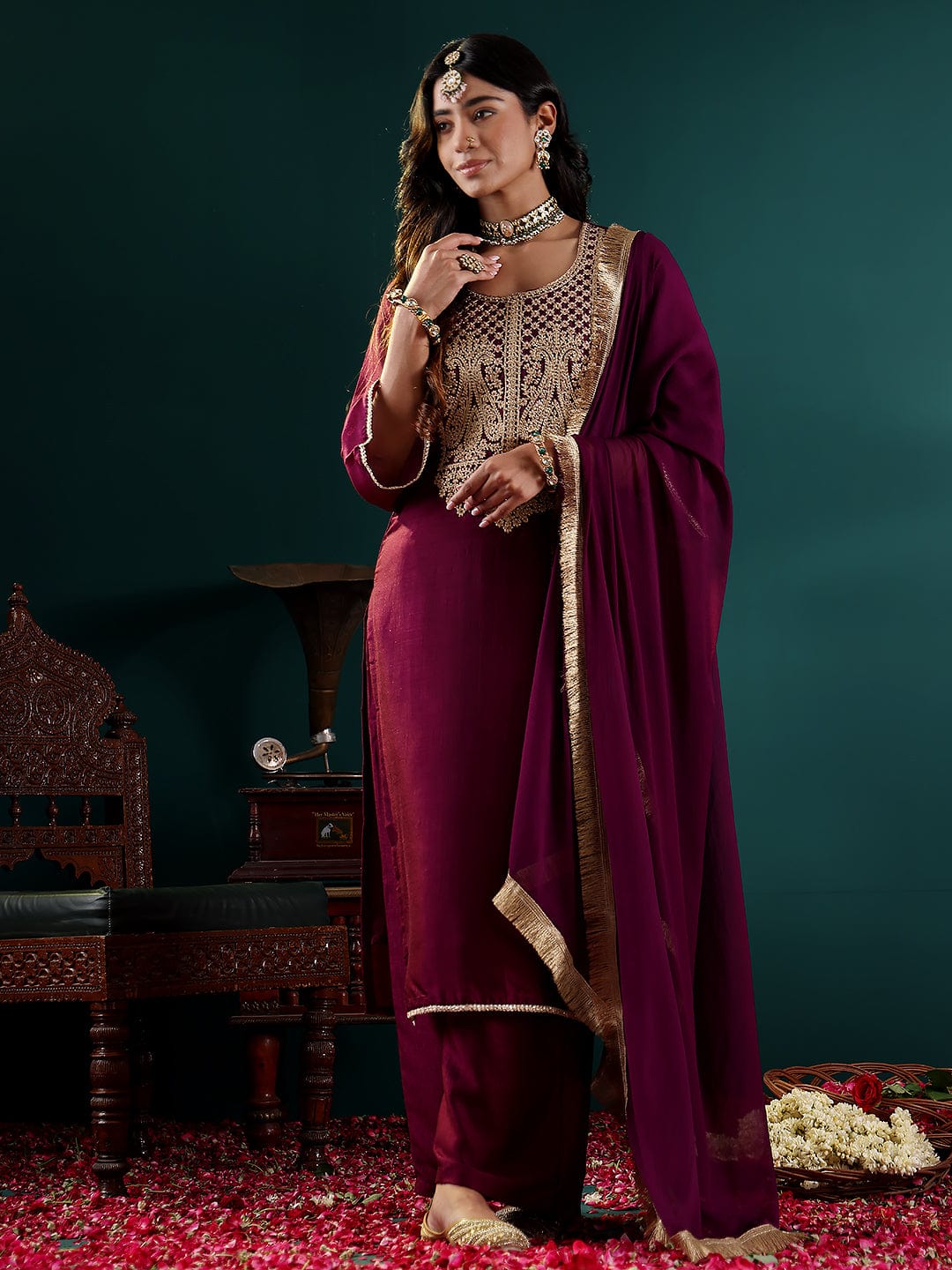 The Kurti Collection Women Purple Zari Embroidered Kurta With Bottom And Dupatta