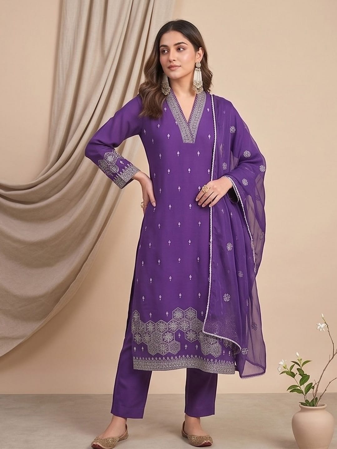 Kurta With Thread Embroidery And A V-Neck With Ankle-Length Trousers And An Embroidered Dupatta