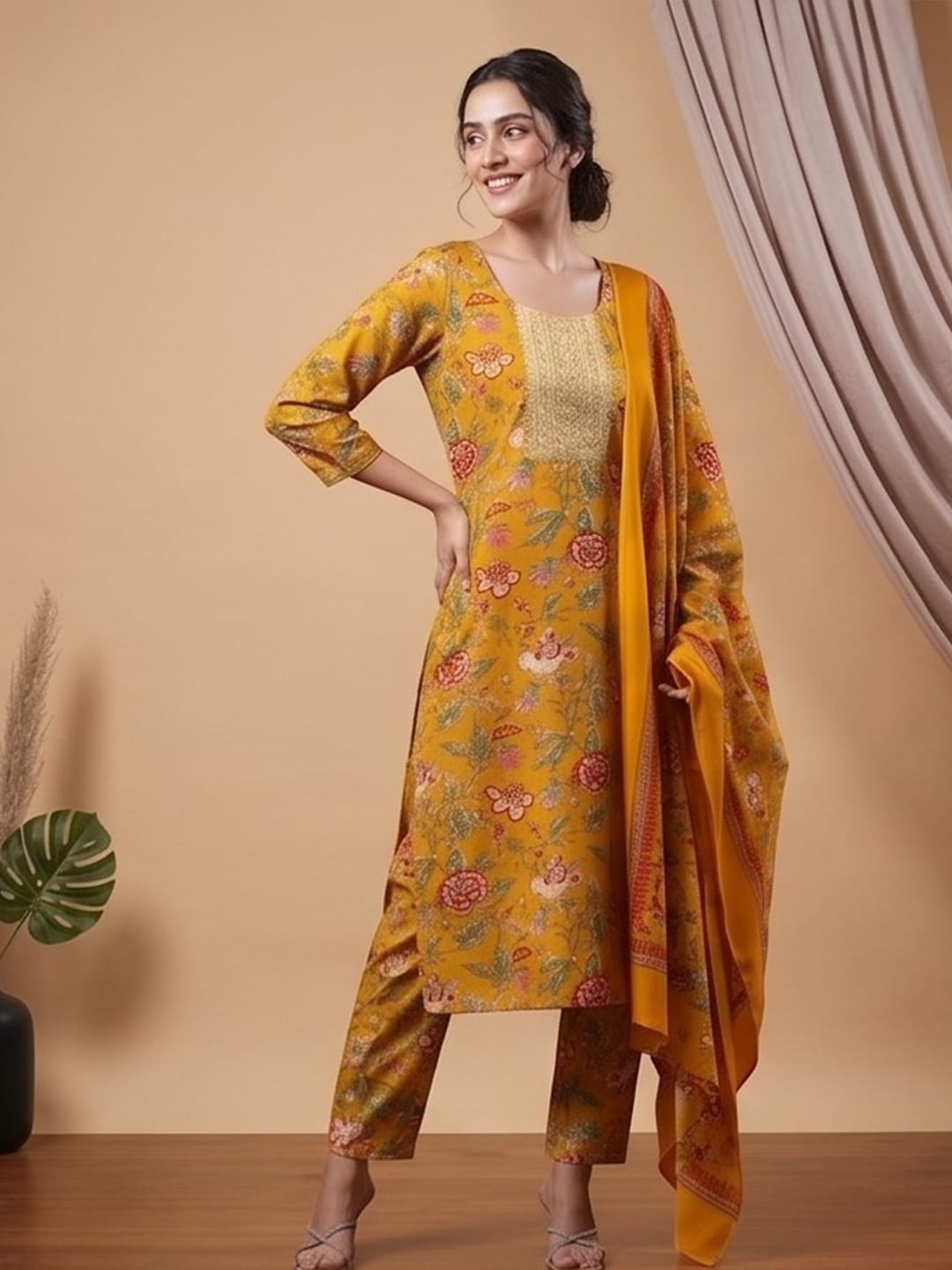 The Kurti Collection Women Ethnic Mustard Kurta Set With Dupatta