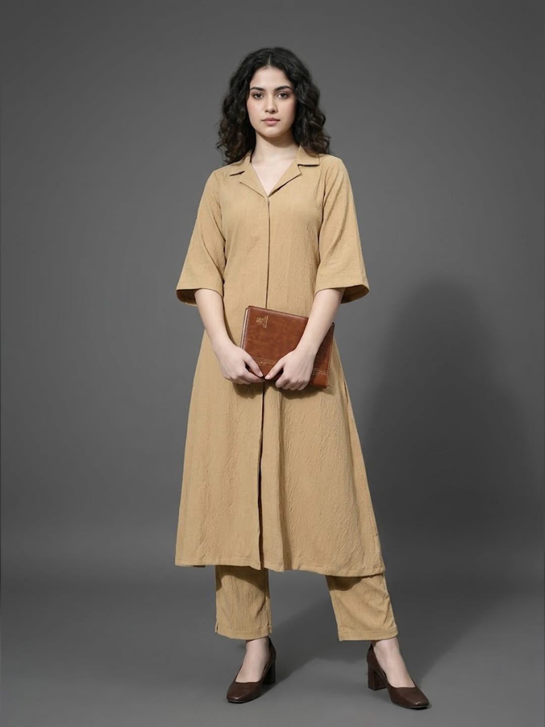 The Kurti Collection Women Mauve Shirt Collar Neck A-Line Kurta Paired With Tonal Bottom