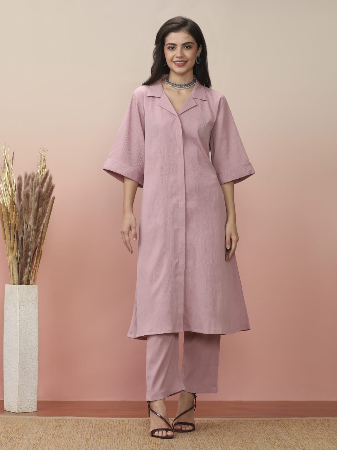 The Kurti Collection Women Pink Shirt Collar Neck A-Line Kurta Paired With Tonal Bottom
