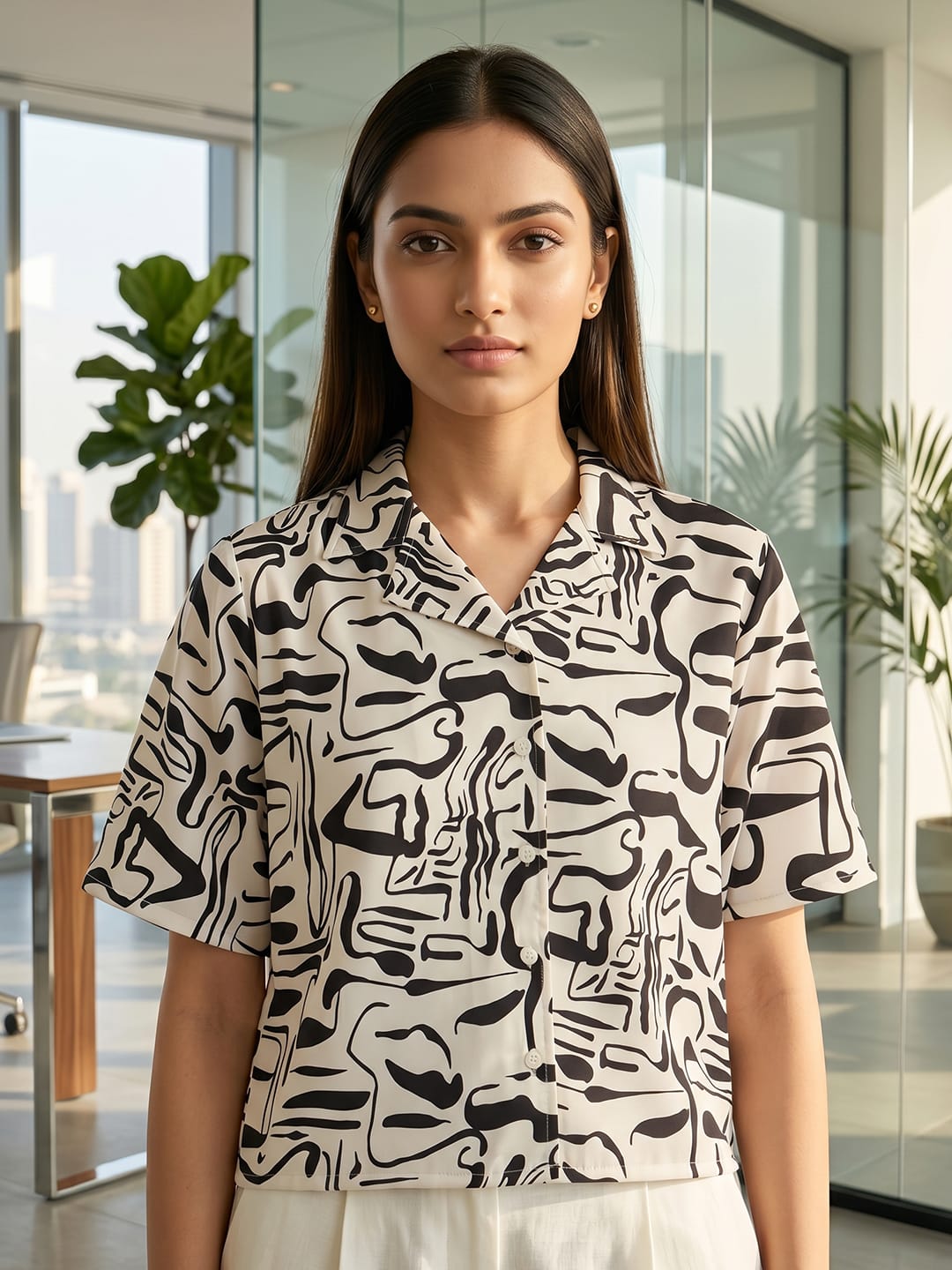 Black Coloured Short Sleeves Shirt Collar Top