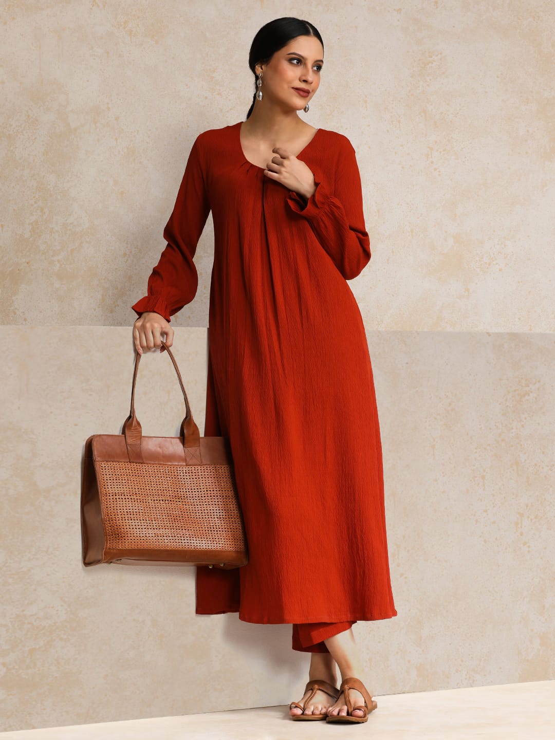 The Kurti Collection Women Rust Colour, Bishop Sleeve A-Line Kurta Paired With Tonal Bottom