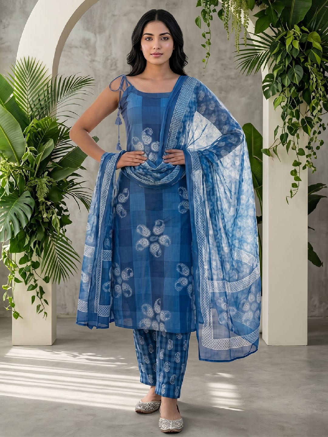 Abstract Cotton Sleeveless Kurta Set With Dupatta