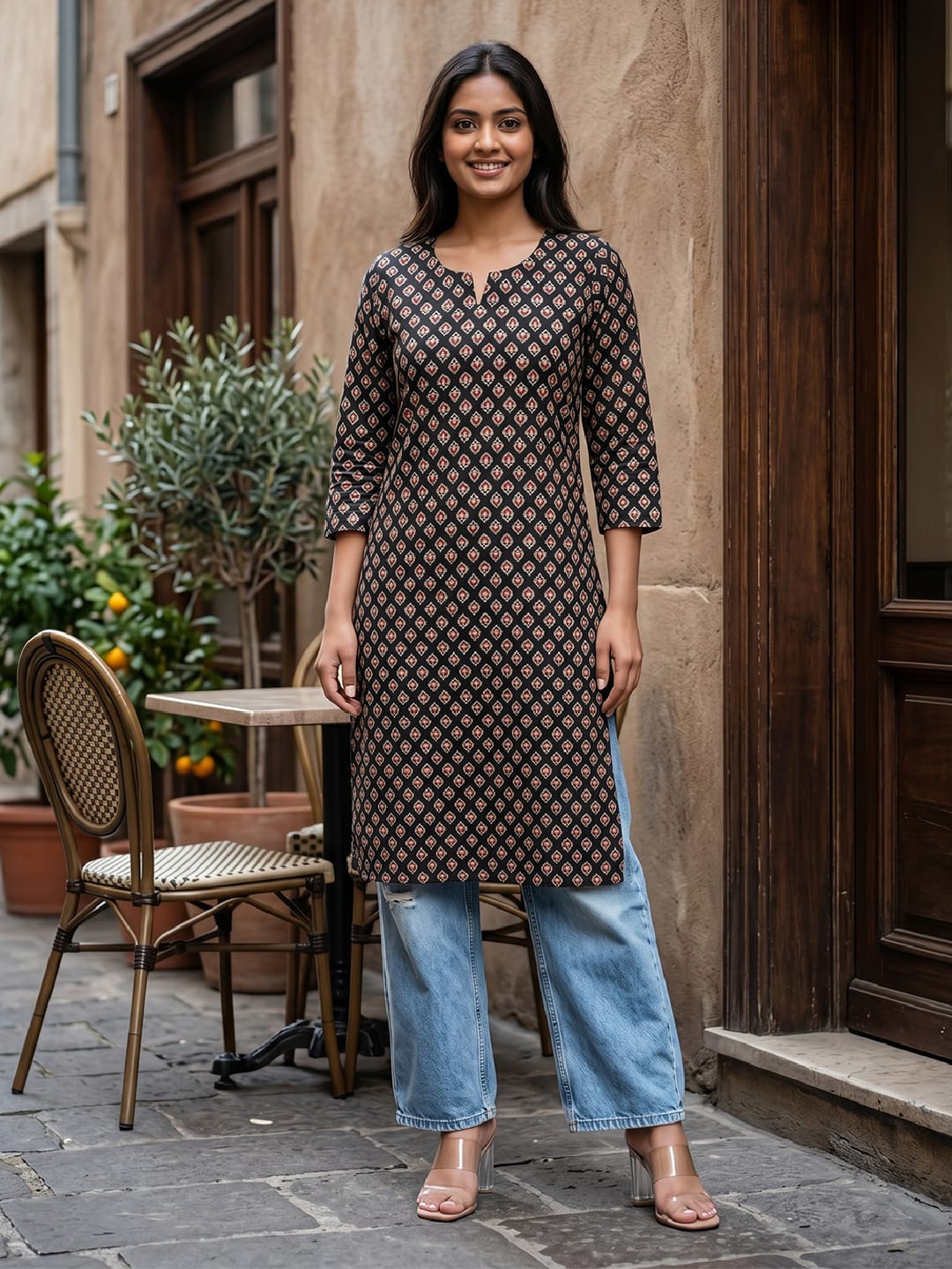 Women's Black Ethnic Motif Printed Straight Kurta