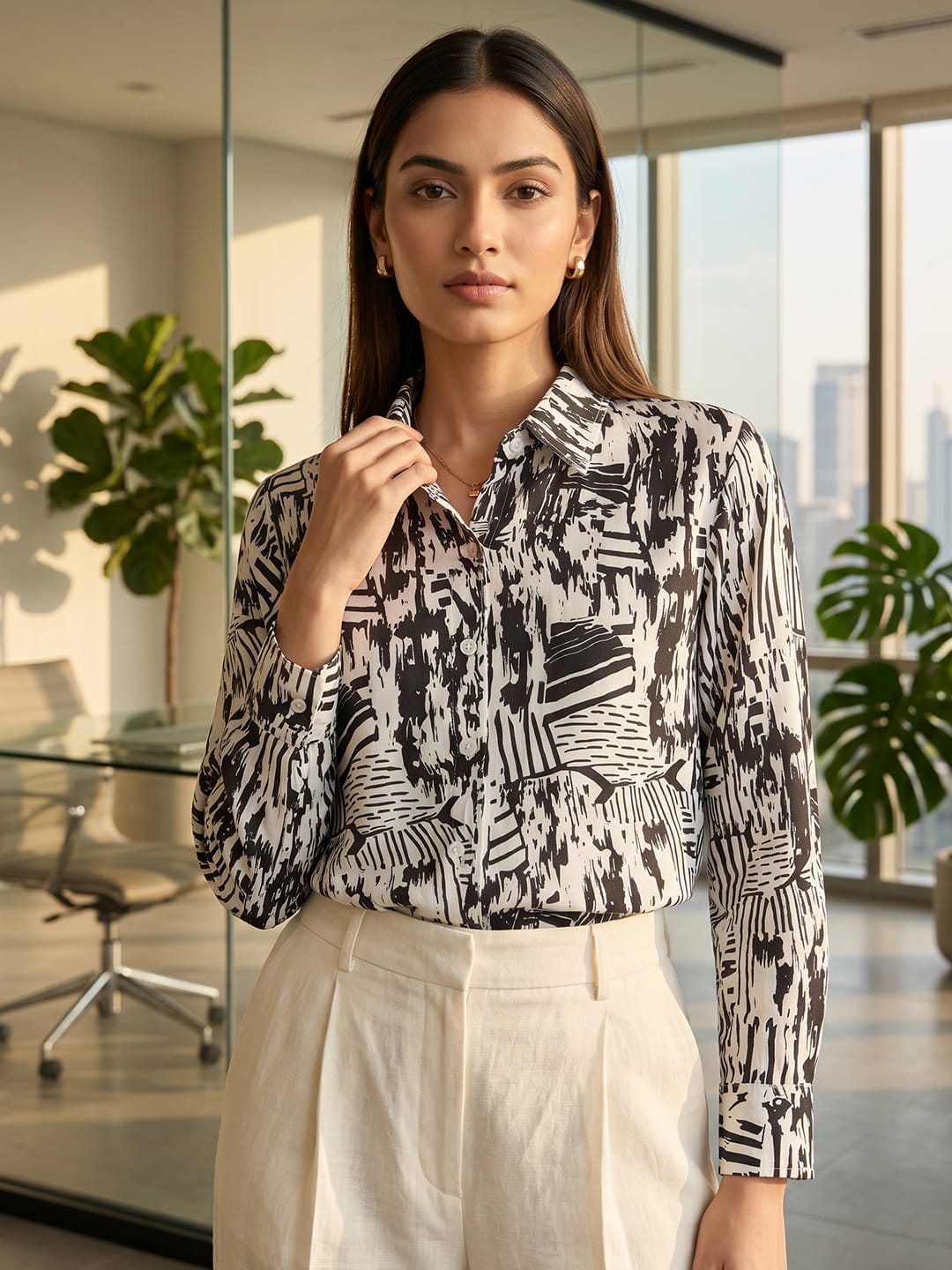 White Coloured Slim Collar Long Sleeves Geometric Shirt