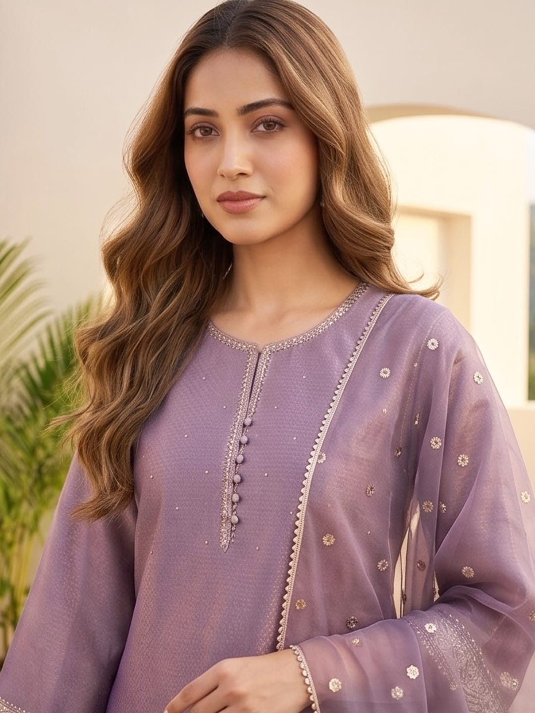 The Kurti Collection Women Elegant Three-Piece Brown Shimmer Kurta Set With Ankle-Length Trousers, And An Embroidered Dupatta
