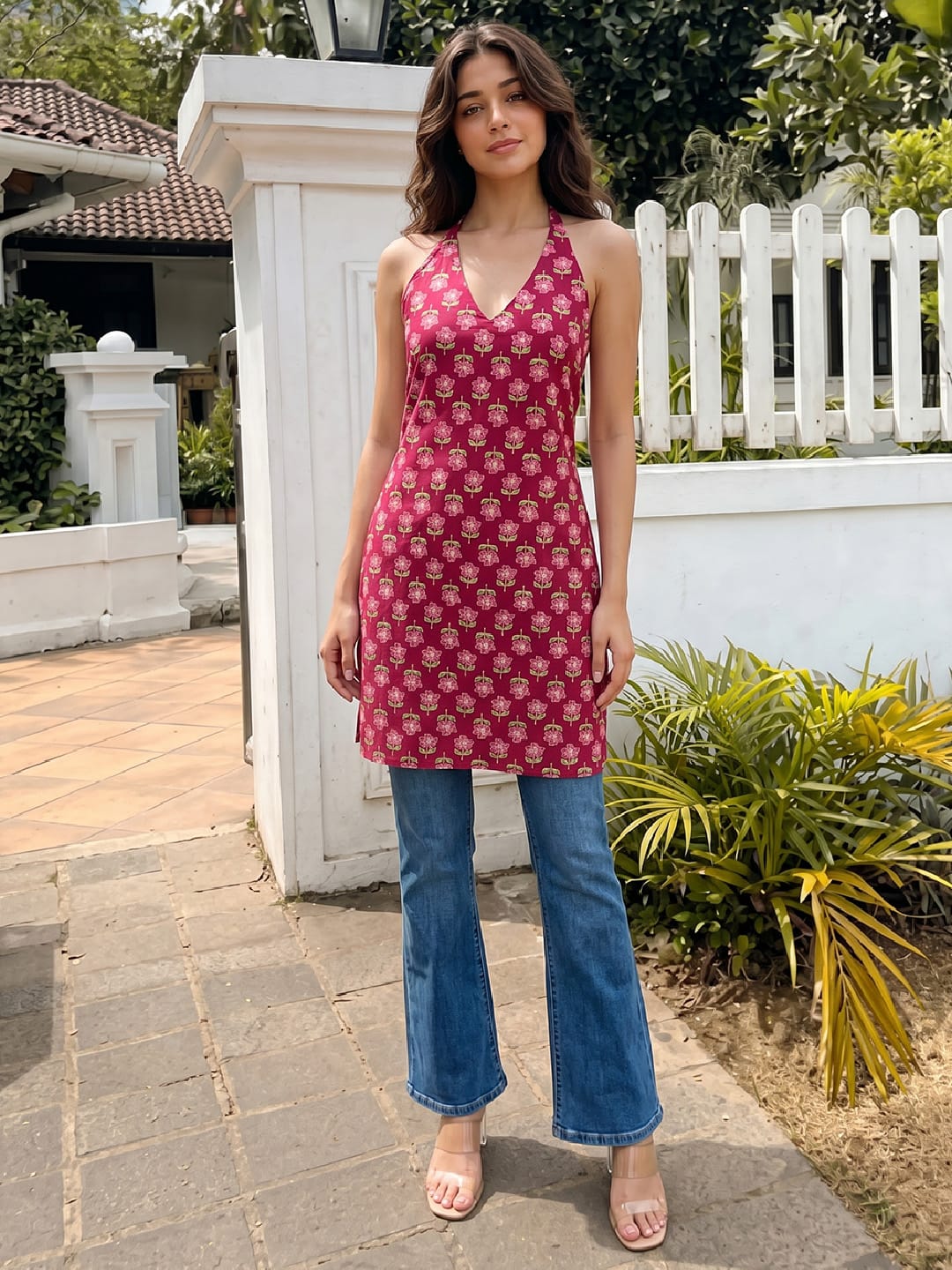 Women's Magenta Floral Halter-Neck Lace-Up Top