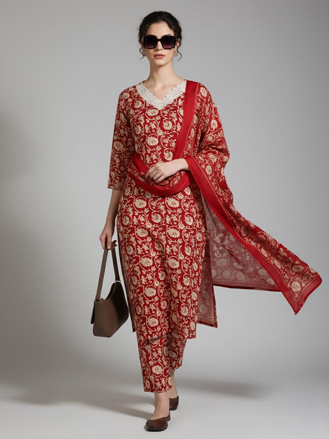 The Kurti Collection Women Gota Embroidered Yoke Kurta With Trousers And Dupatta