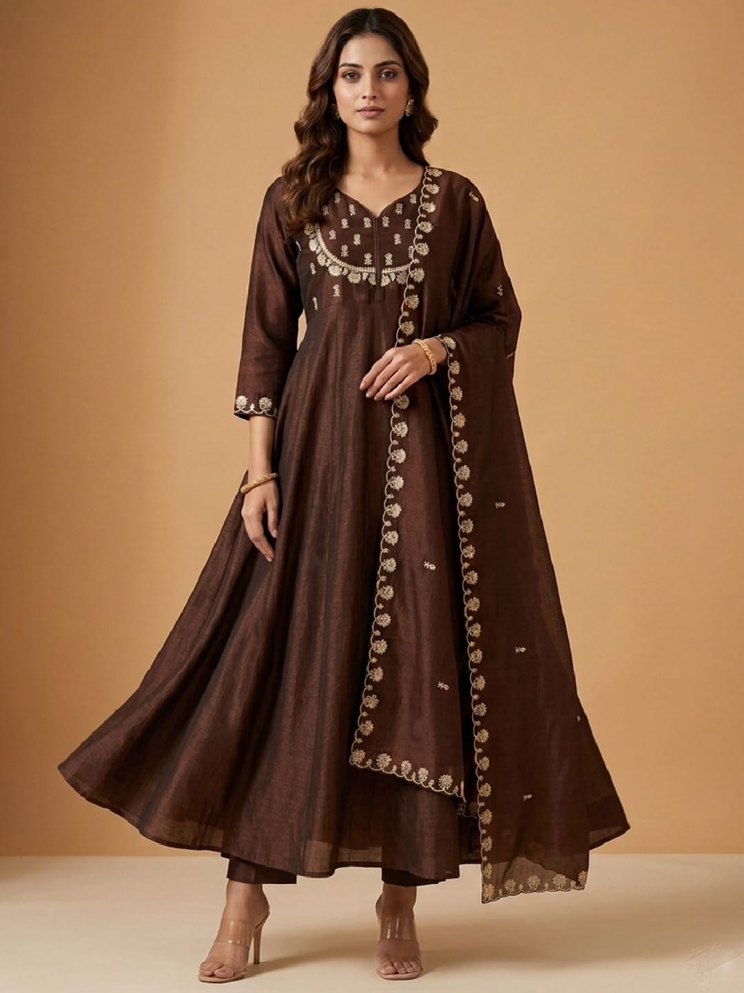 Women's Mocha Elegance Embroidered Anarkali Set