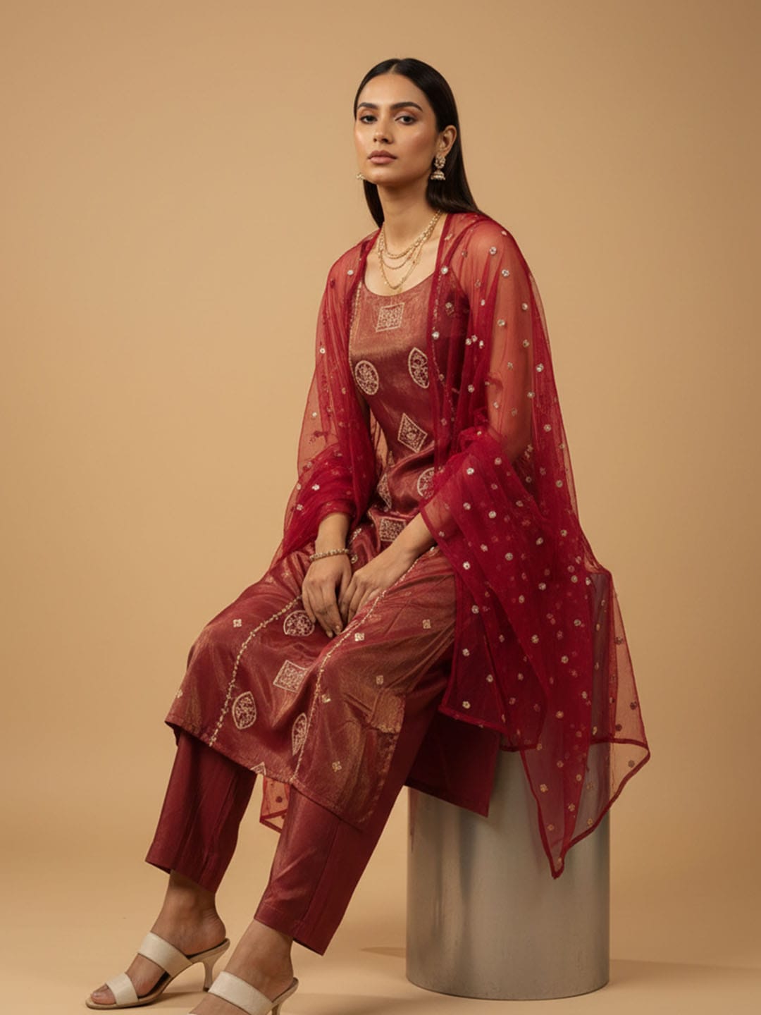 All Over Embroidered Halter Neck Kurta Set With Dupatta