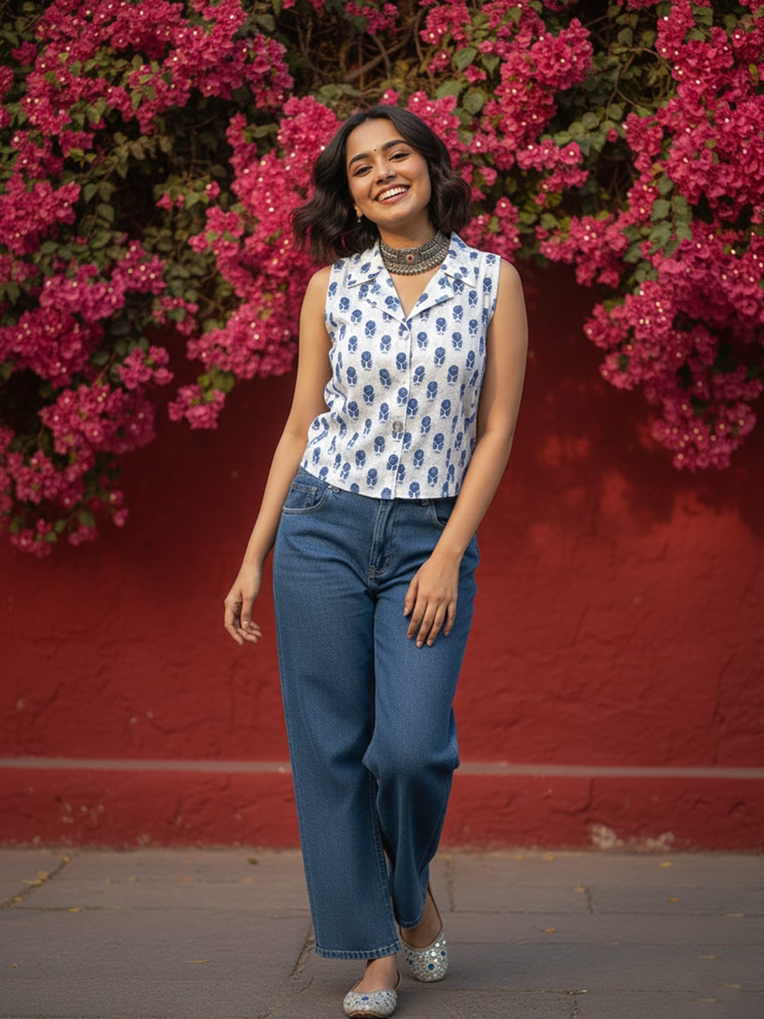 Indigo Block-Print Sleeveless Collared Crop Shirt
