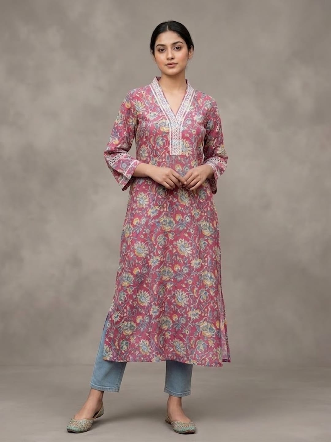 The Kurti Collection Women Pink Floral Printed V- Neckline Lace Detailed Stright Kurta