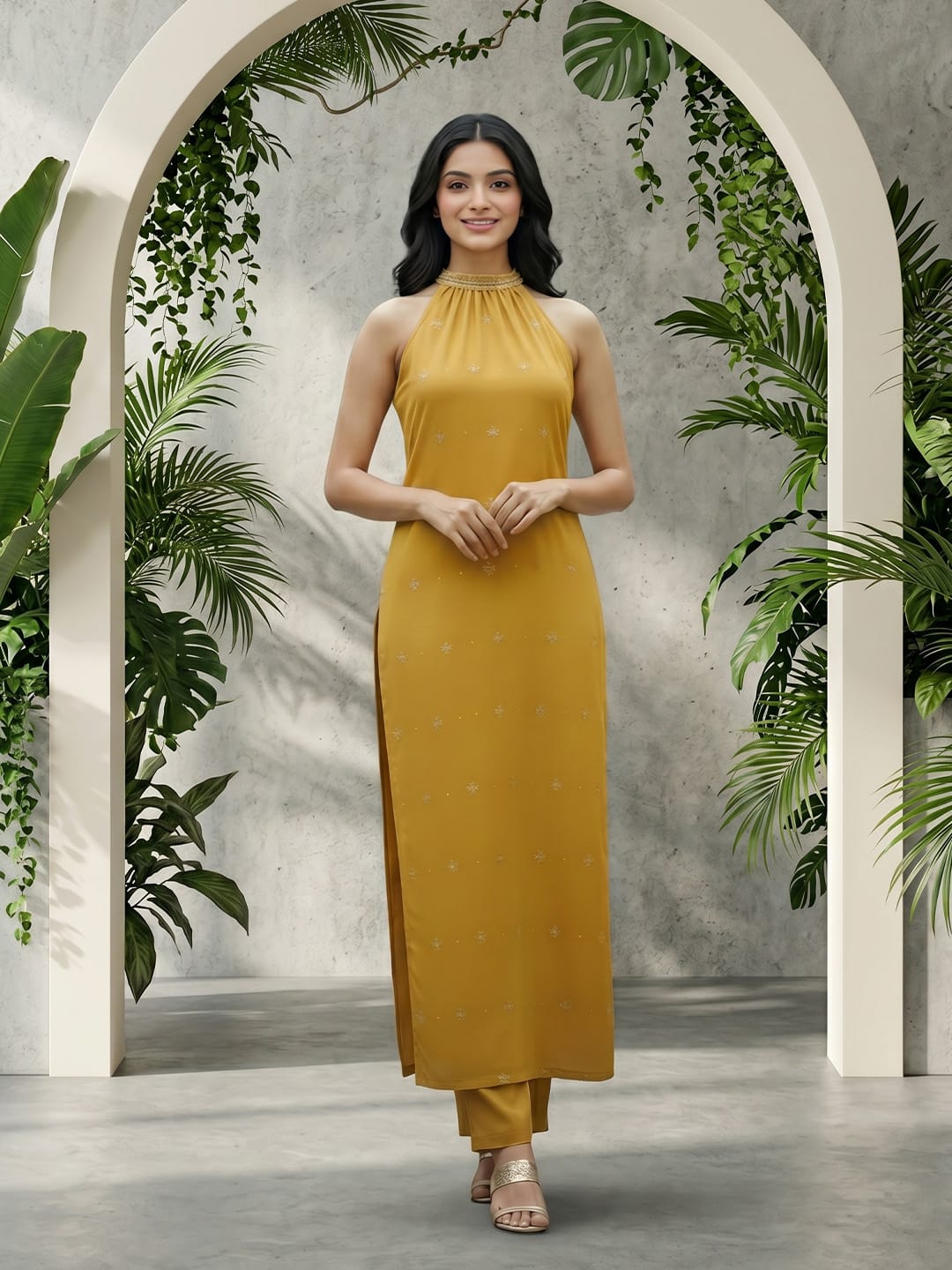 The Kurti Collection Women Mustard Halter Neck Straight Lurex Kurta with trouser