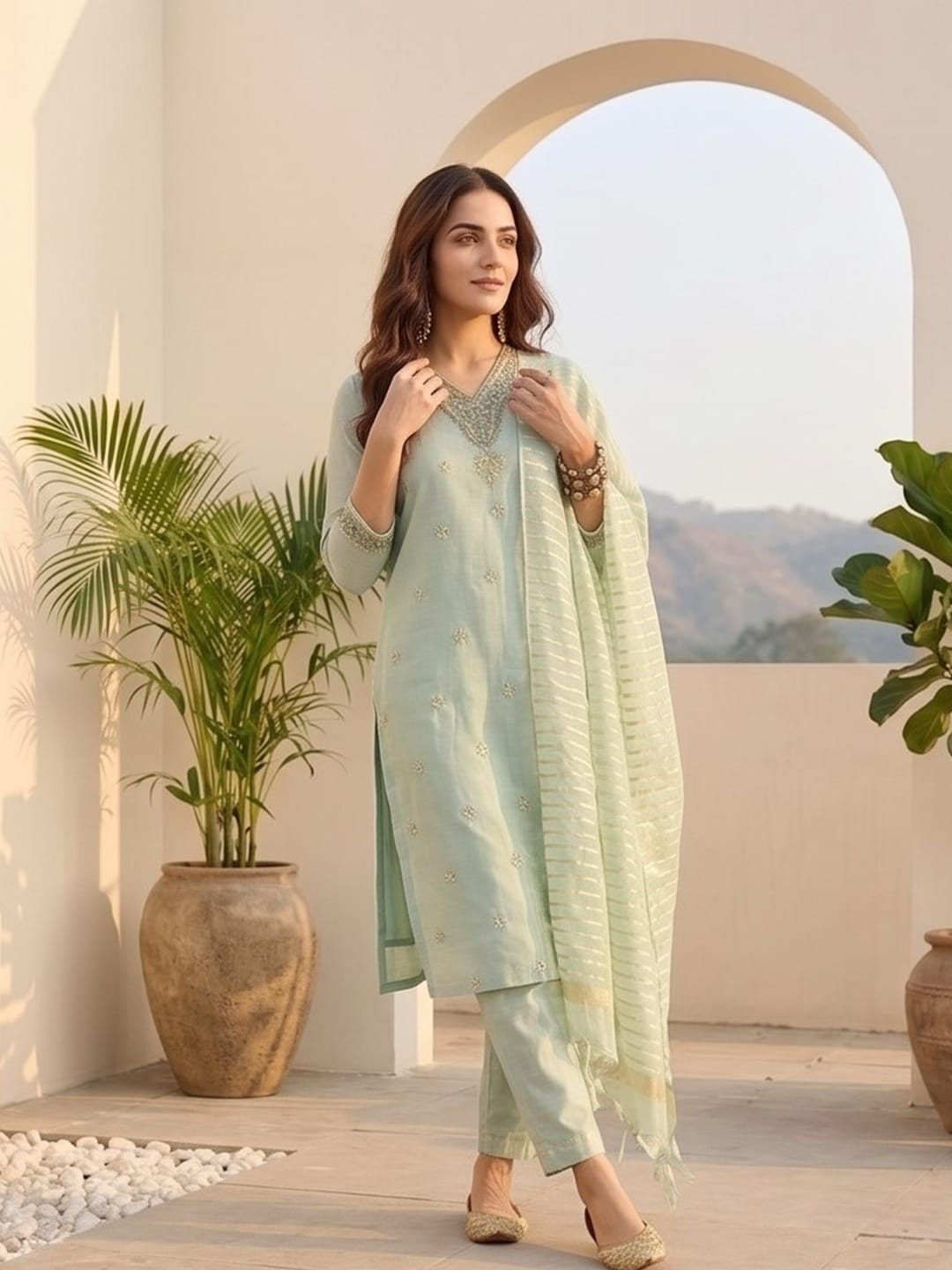 Zari-Embroidered Kurta Paired With Solid Trousers And A Tonal Dupatta .