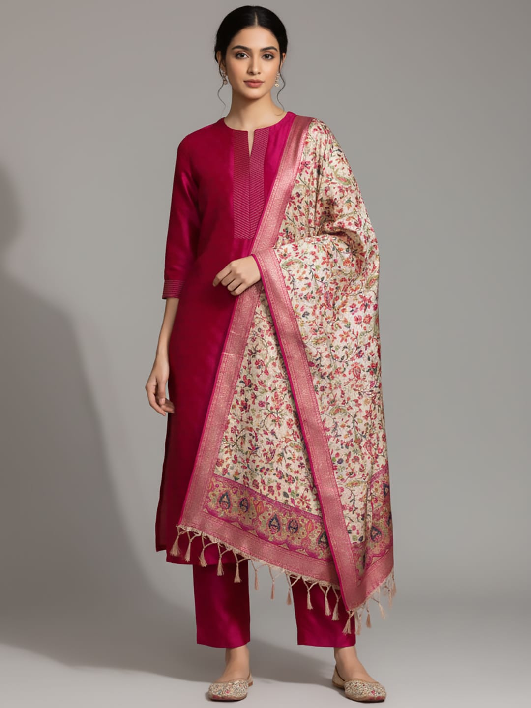 The Kurti Collection Women Pink Woven Zari Embroidered Straight Kurta With Bottom And Dupatta