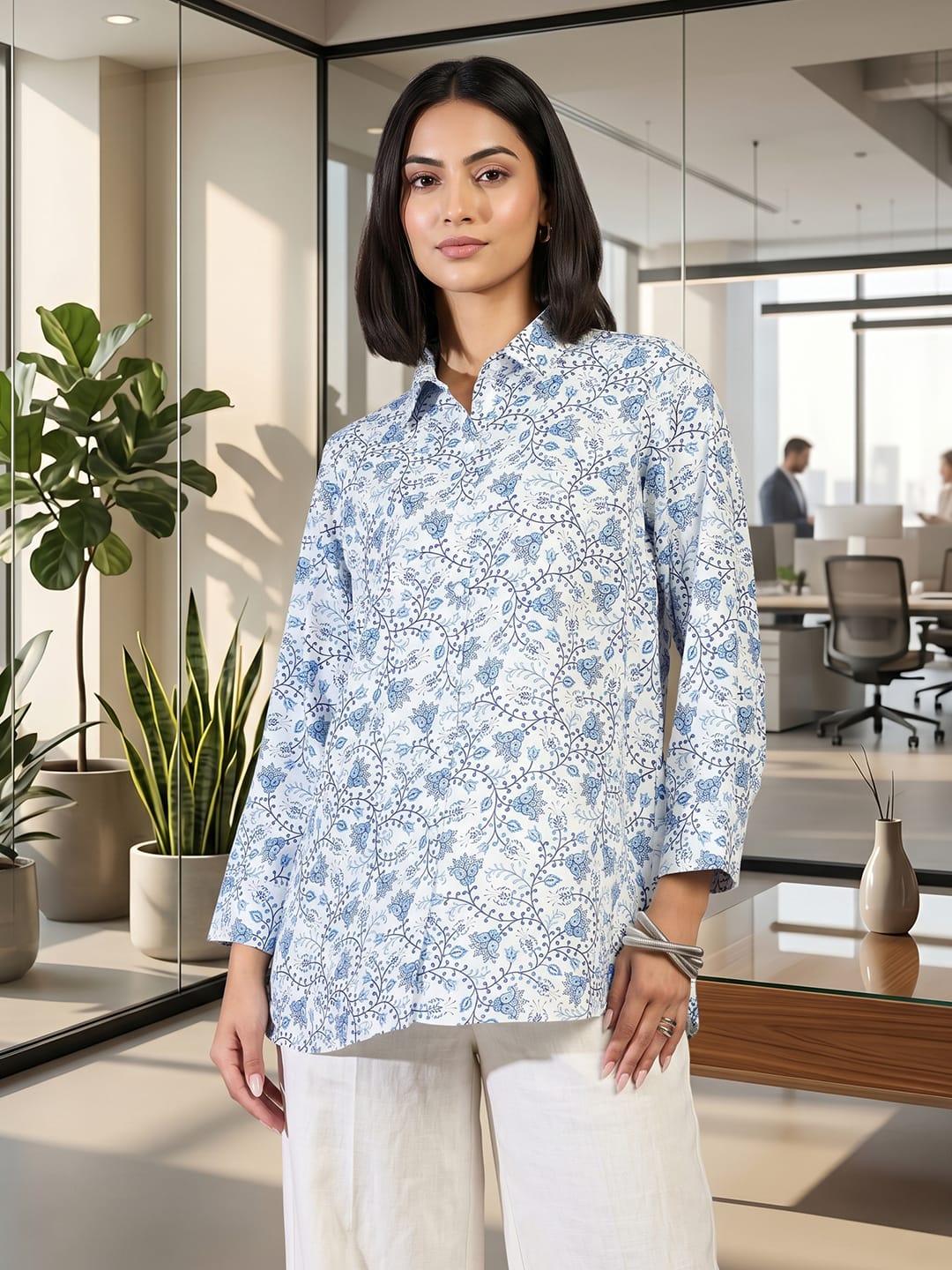 White Coloured Slim Collar Long Sleeves Floral Shirt