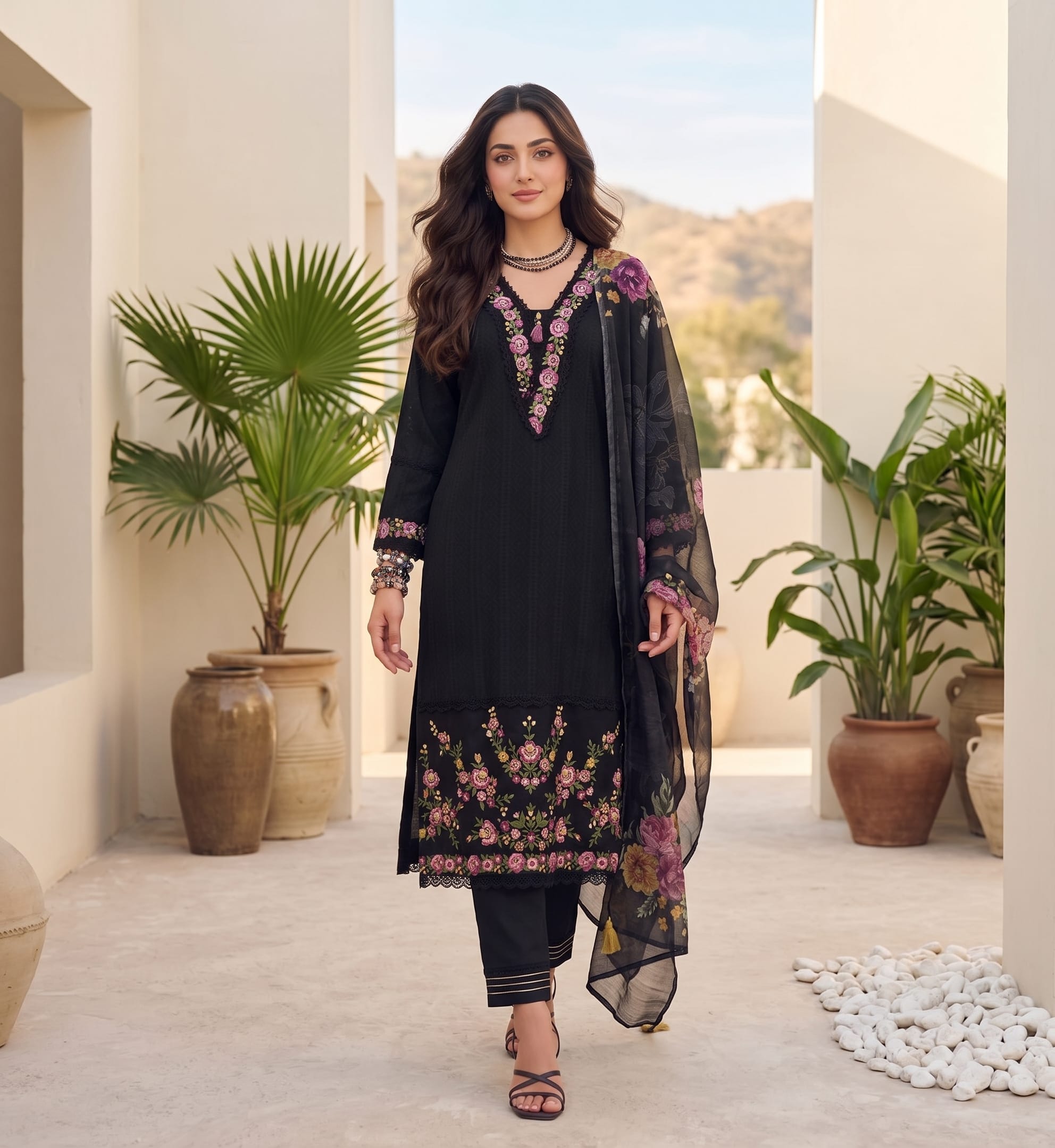 The Kurti Collection Women Floral Motif Thread Embroidered & Orangza Lace Detailed Kurta With Trouser & Dupatta
