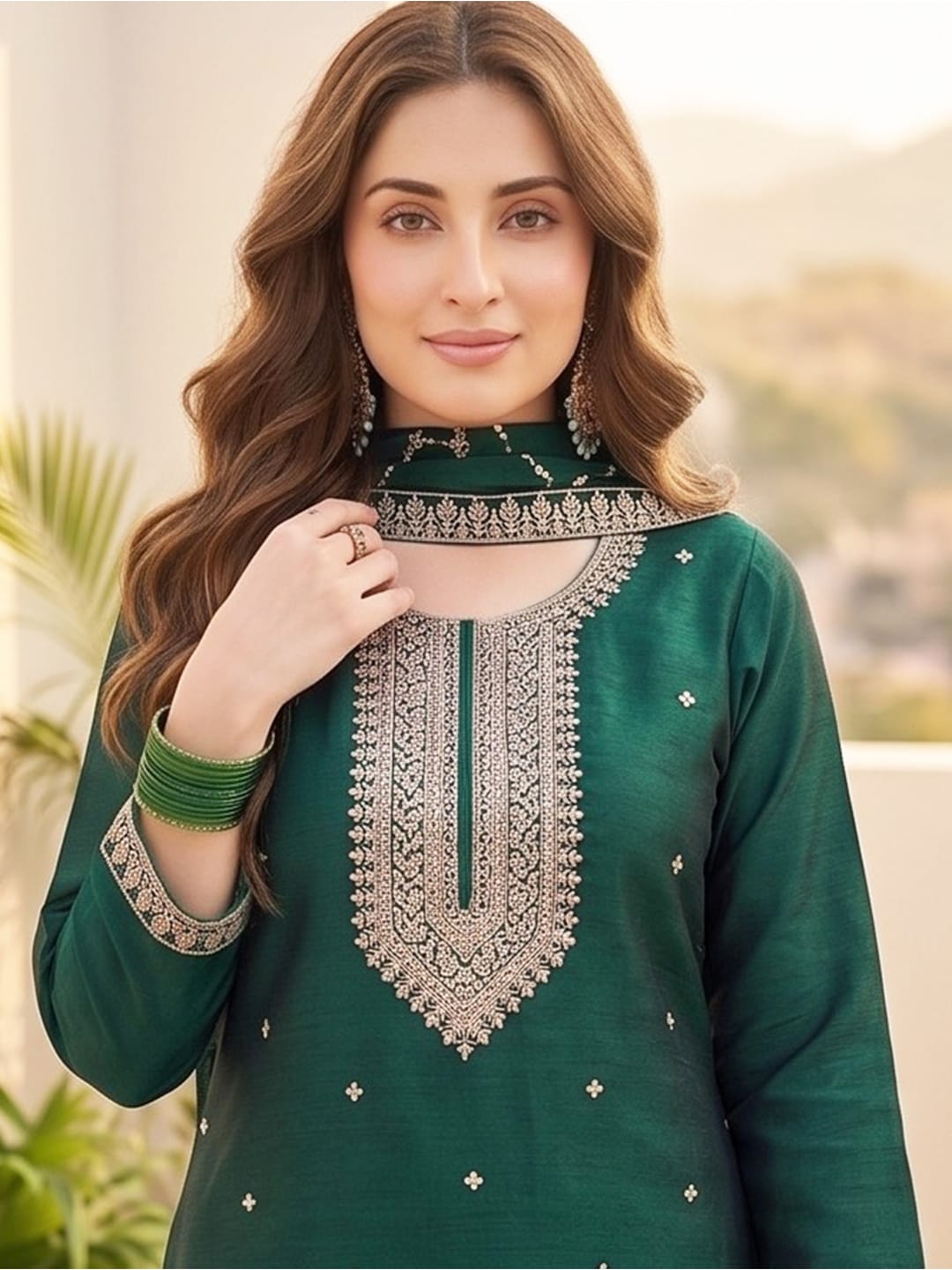 Vichitra Bead-Embellished Round Neck Kurta Solid Ankle-Length Trousers, And An Elegant Embroidered Dupatta