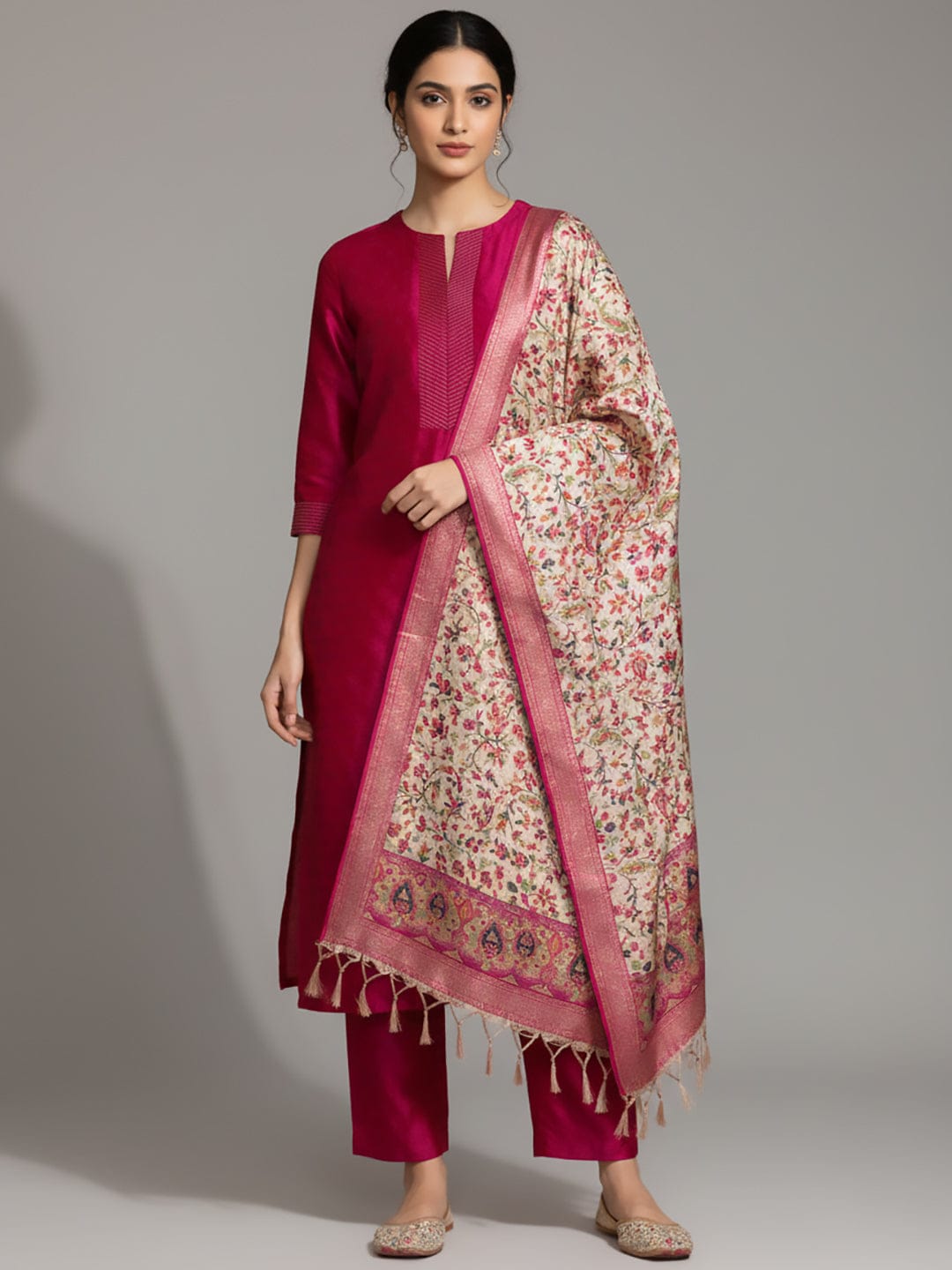 The Kurti Collection Women Pink Woven Zari Embroidered Straight Kurta With Bottom And Dupatta
