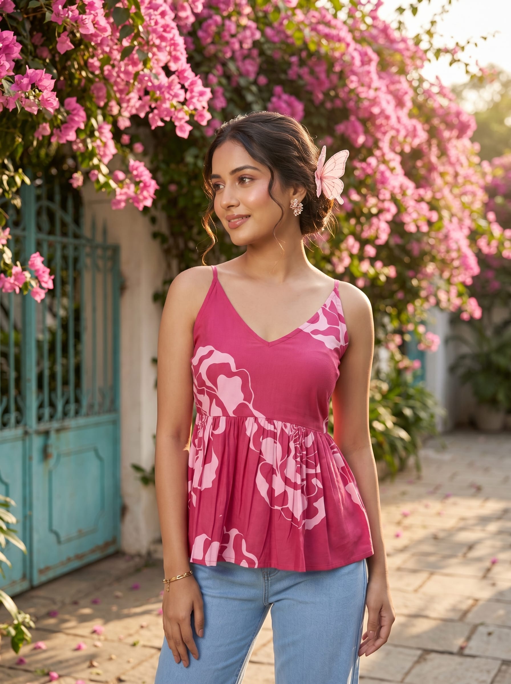 The Kurti Collection Fuchsia & Pink Floral Babydoll Top With Gathered Waist