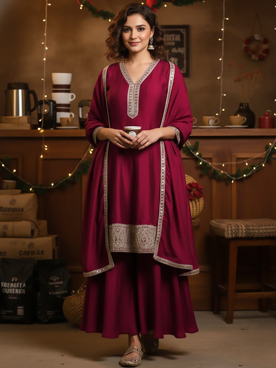 The Kurti Collection Women Zari & Sequin Embroidery Neck Flared Anarkali With Sharara And Dupatta