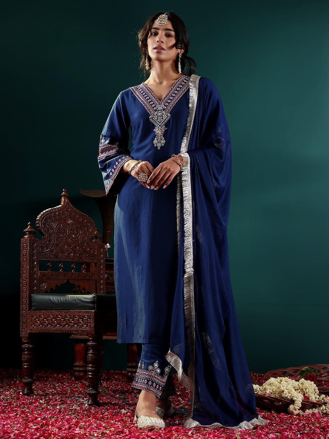 The Kurti Collection Women Blue Embroidered Straight Kurta Paired With Tonal Embroidered Bottom And With Tonal Chiffon Dotted Dupatta