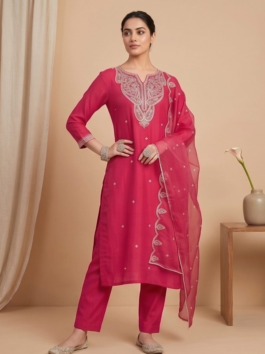Fuchsia Straight-Fit Kurta Set With Solid Ankle-Length Trousers And An Embroidered Dupatta