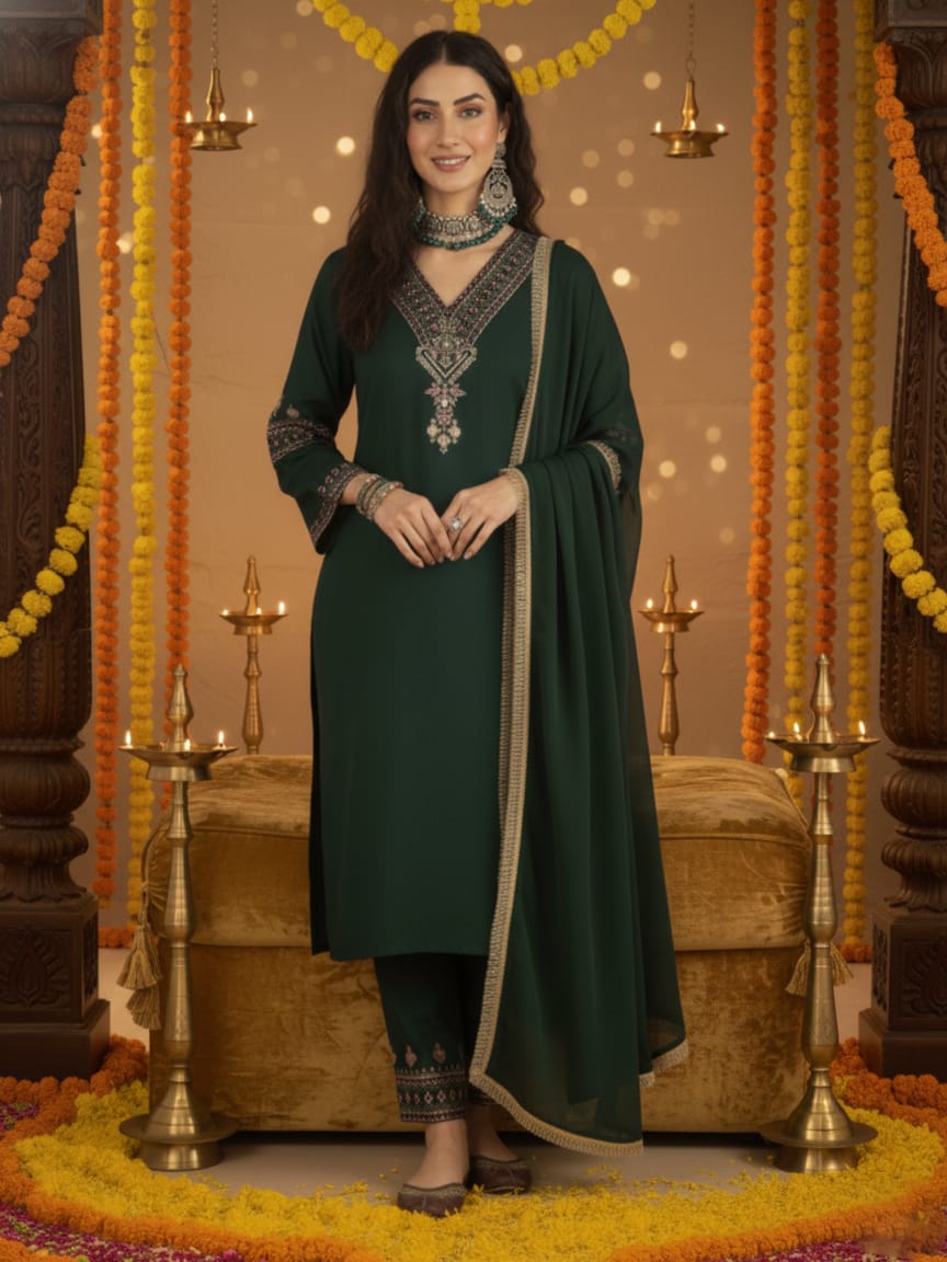 The Kurti Collection Women Green Embroidered Straight Kurta Paired With Tonal Embroidered Bottom And With Tonal Chiffon Dotted Dupatta